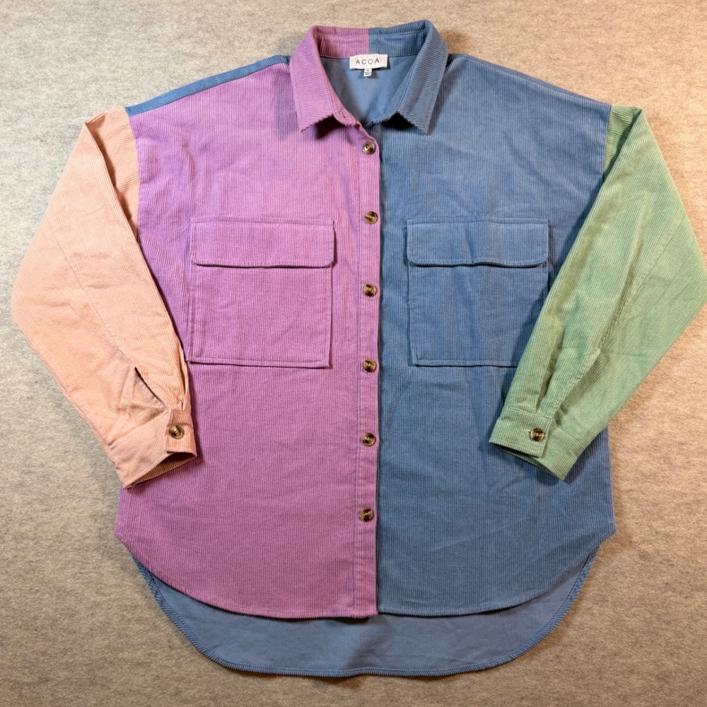 Oversized Pastel Kawaii ACOA Colorblock Corduroy Shirt Jacket Button Up Size S